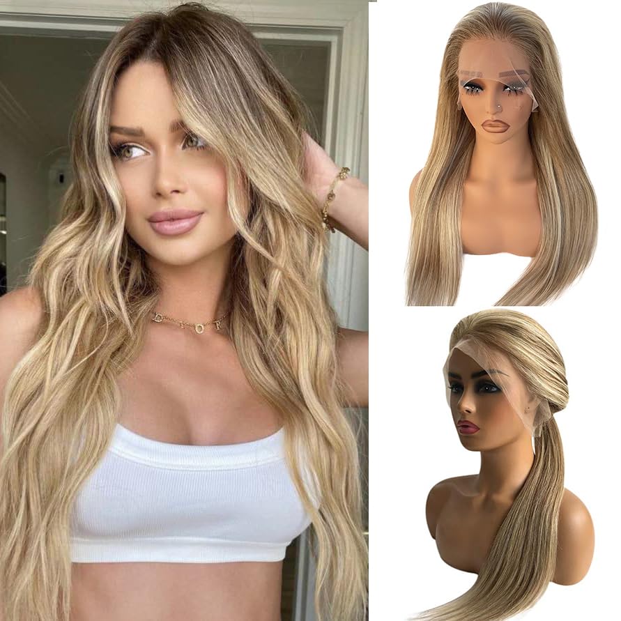 20 Inch Balayage Human Hair Wigs Ombre Ash Blonde 13x4 HD Transparent Chestnut Brown to Ash Blonde Highlight Lace Front Remy Hair with Brown Roots for Women Pre Plucked with Baby Hair 150% Density