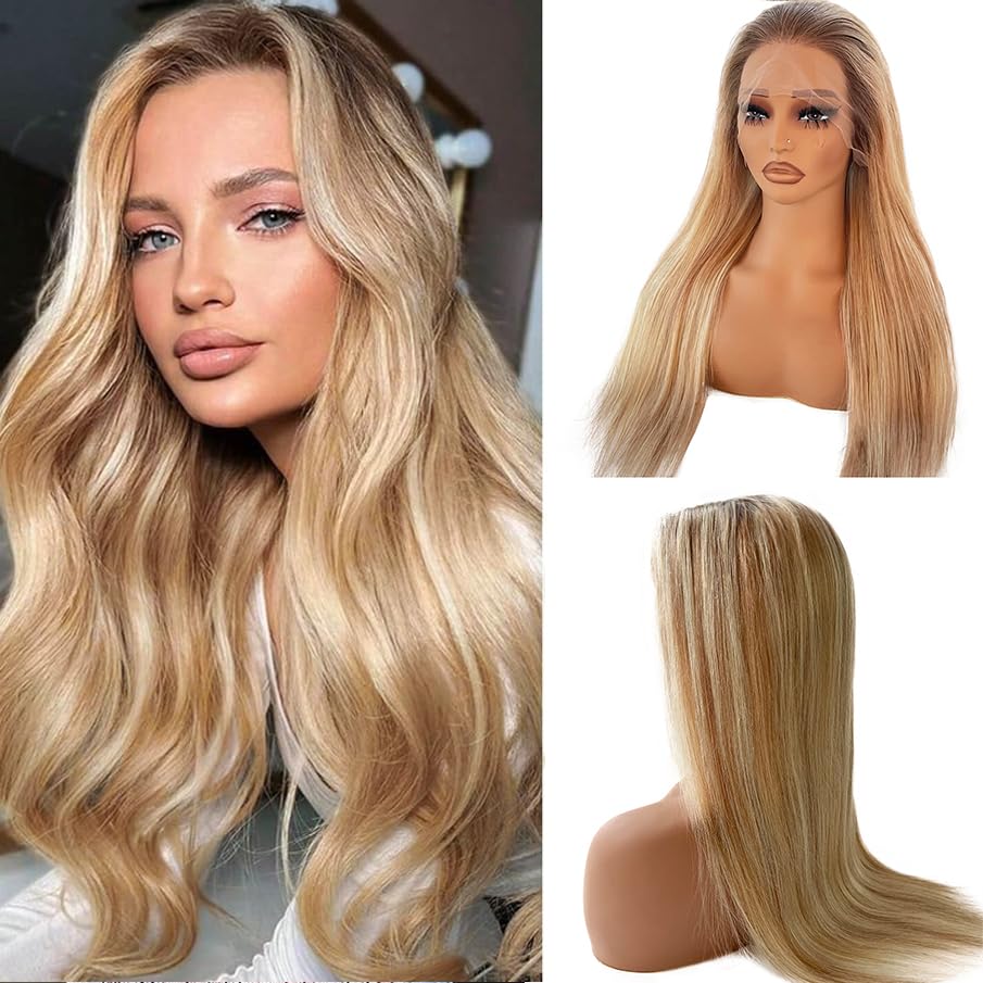 20 Inch Balayage Human Hair Wigs Ombre Ash Blonde 13x4 HD Transparent Chestnut Brown to Ash Blonde Highlight Lace Front Remy Hair with Brown Roots for Women Pre Plucked with Baby Hair 150% Density