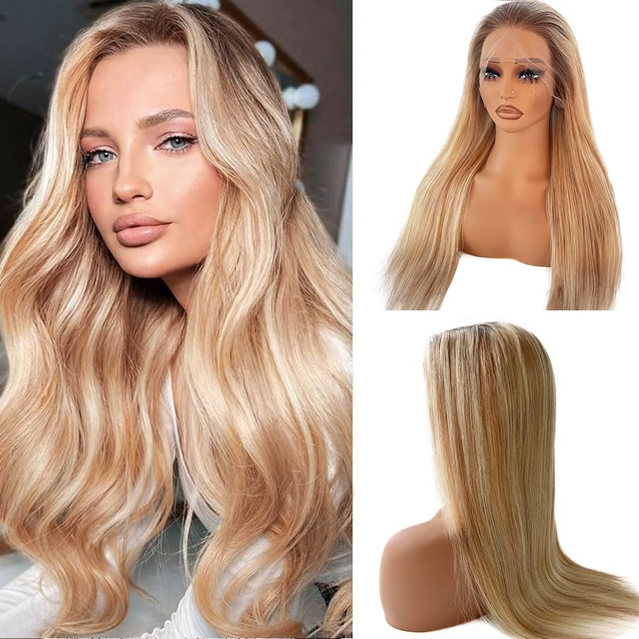 20 Inch Balayage Human Hair Wigs Ombre Ash Blonde 13x4 HD Transparent Chestnut Brown to Ash Blonde Highlight Lace Front Remy Hair with Brown Roots for Women Pre Plucked with Baby Hair 150% Density