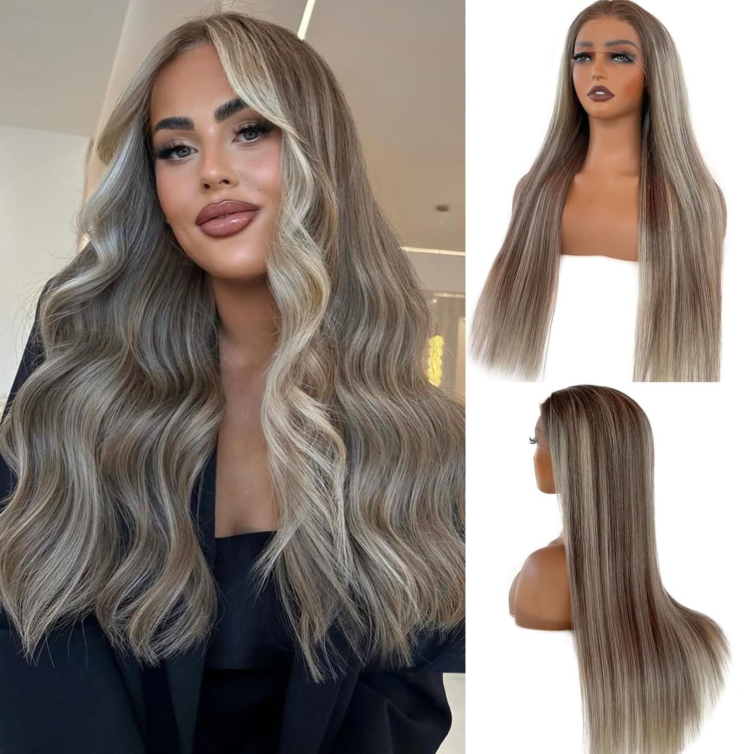 20 Inch Balayage Human Hair Wigs Ombre Ash Blonde 13x4 HD Transparent Chestnut Brown to Ash Blonde Highlight Lace Front Remy Hair with Brown Roots for Women Pre Plucked with Baby Hair 150% Density