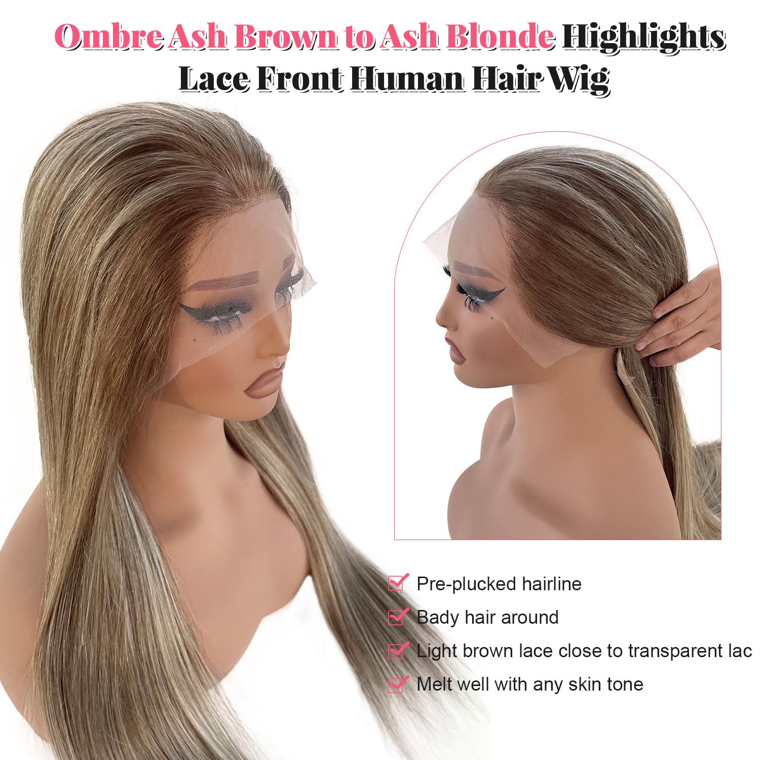 20 Inch Balayage Human Hair Wigs Ombre Ash Blonde 13x4 HD Transparent Chestnut Brown to Ash Blonde Highlight Lace Front Remy Hair with Brown Roots for Women Pre Plucked with Baby Hair 150% Density