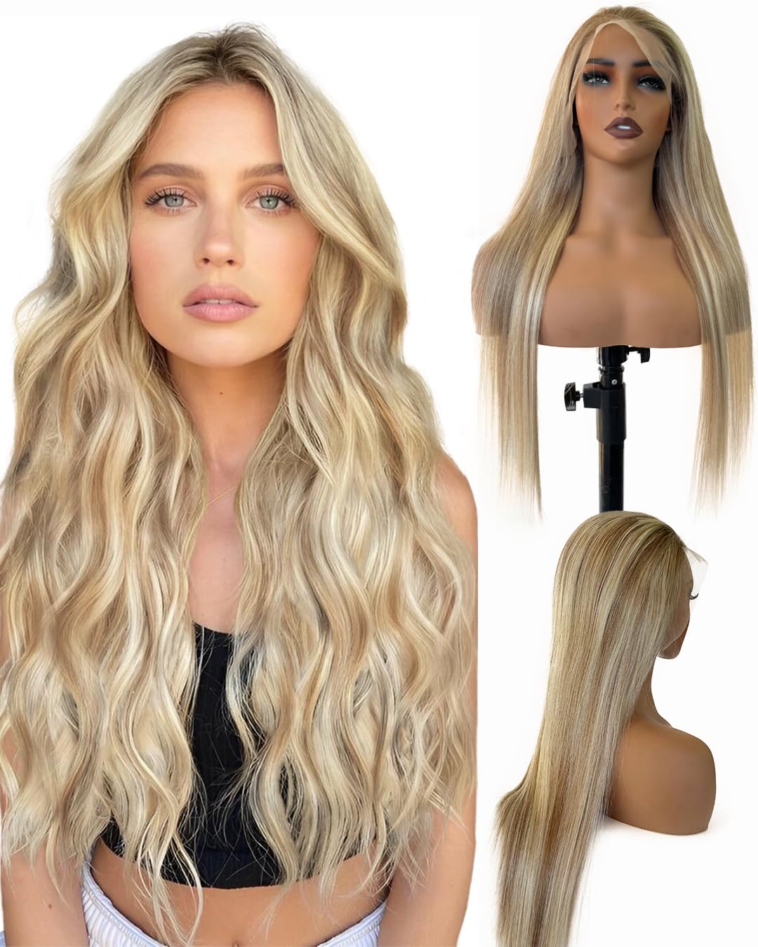 20 Inch Balayage Human Hair Wigs Ombre Ash Blonde 13x4 HD Transparent Chestnut Brown to Ash Blonde Highlight Lace Front Remy Hair with Brown Roots for Women Pre Plucked with Baby Hair 150% Density
