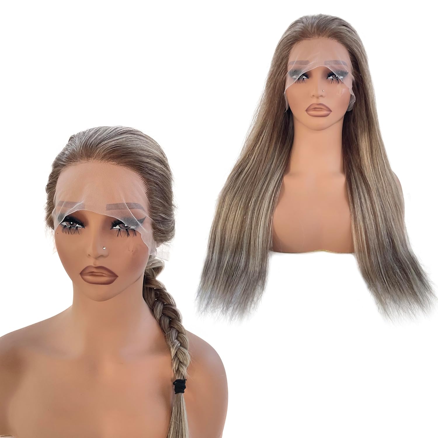 20 Inch Balayage Human Hair Wigs Ombre Ash Blonde 13x4 HD Transparent Chestnut Brown to Ash Blonde Highlight Lace Front Remy Hair with Brown Roots for Women Pre Plucked with Baby Hair 150% Density