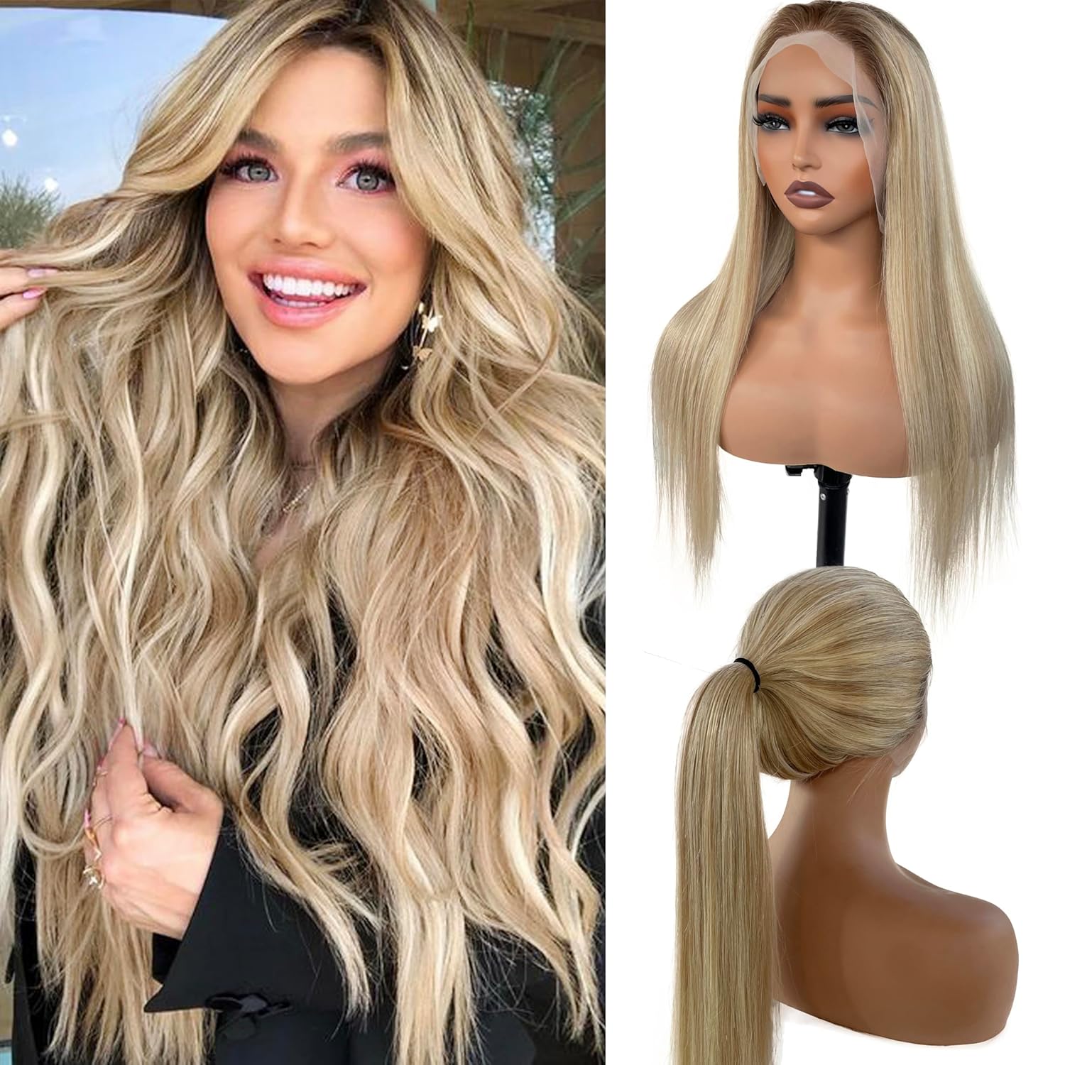 20 Inch Balayage Human Hair Wigs Ombre Ash Blonde 13x4 HD Transparent Chestnut Brown to Ash Blonde Highlight Lace Front Remy Hair with Brown Roots for Women Pre Plucked with Baby Hair 150% Density